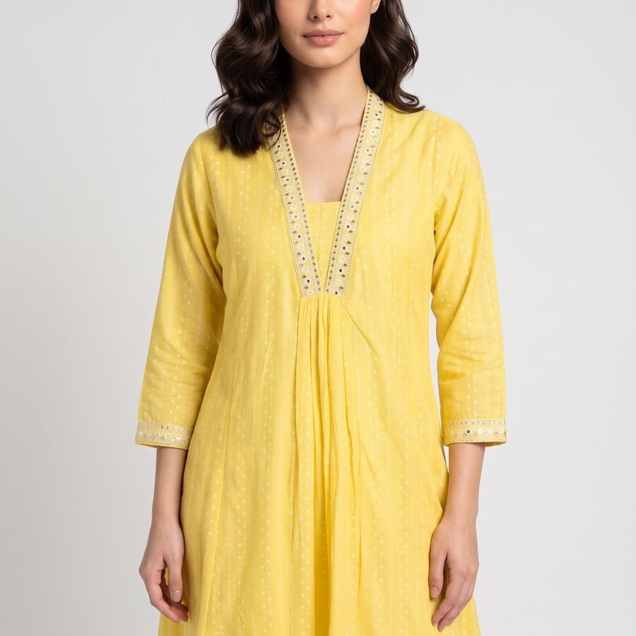 Women's Yellow V-Neck A-Line Kurta, Yellow, large