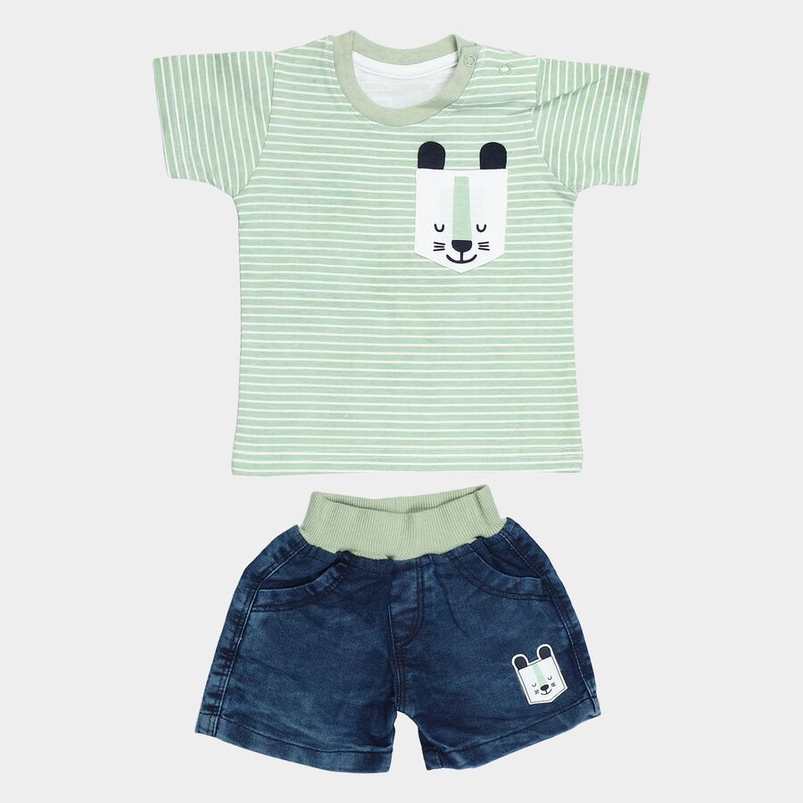 Infants' Mint Green 100% Cotton Round Neck Striped Baba Suit, Light Green, large