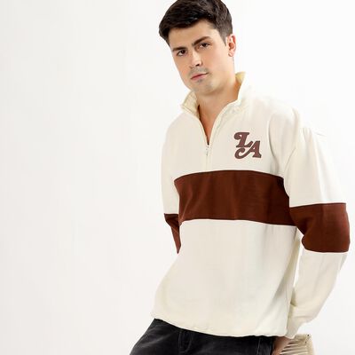 Men's Cream and Brown Half Zip Casual Sweatshirt