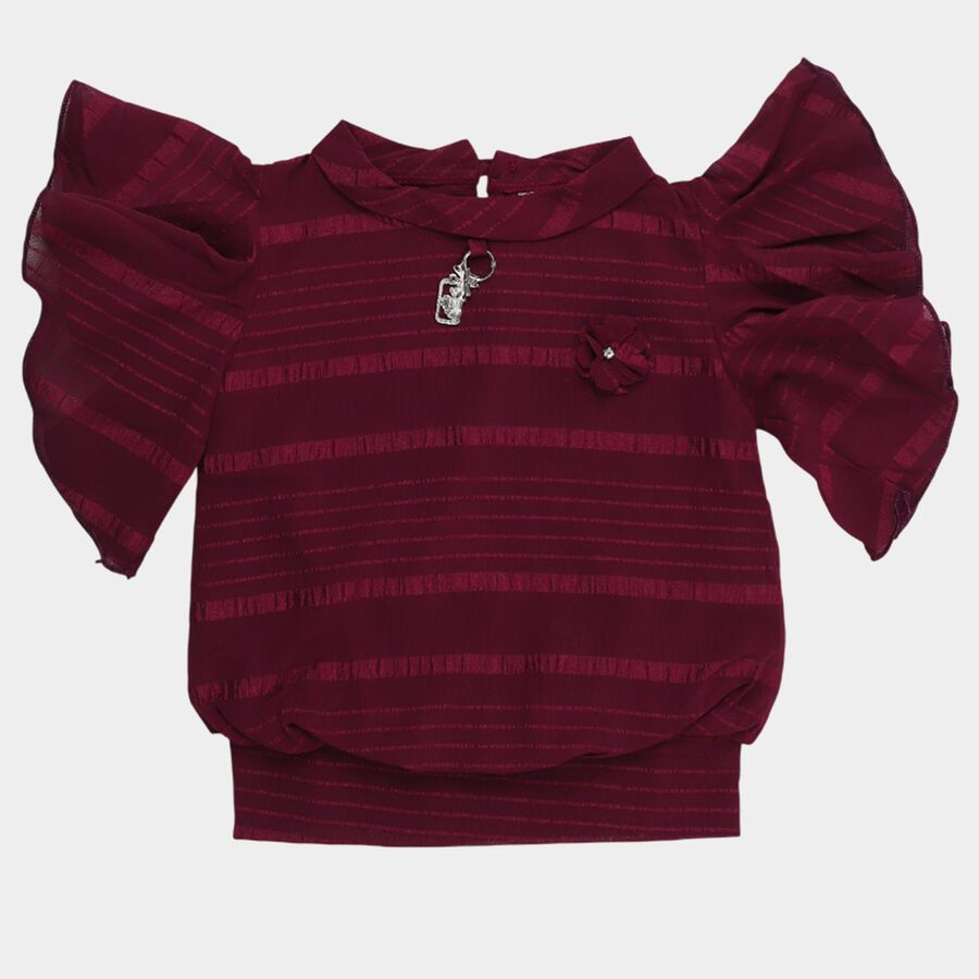 Girls' Wine Red Round Neck Ruffle Sleeve Floral T-Shirt, Wine, large