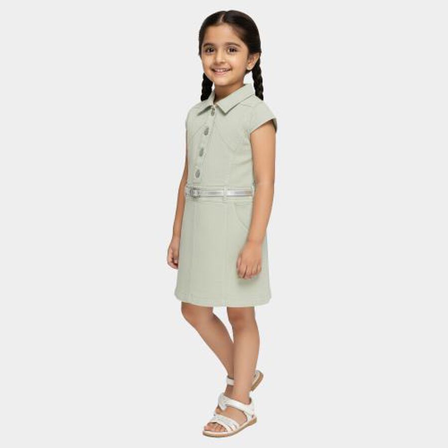 Girls' Light Sage Green Button-Down Collared Frock with Belt, Light Green, large image number null