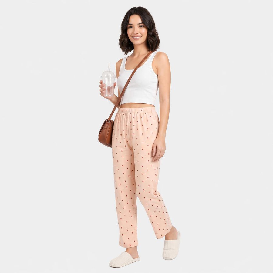 Women's Beige Straight Fit Heart Printed Pyjama, गहरा पीला, large