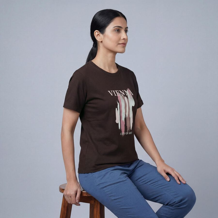 Women's Brown Round Neck Classic T-Shirt, भूरा, large
