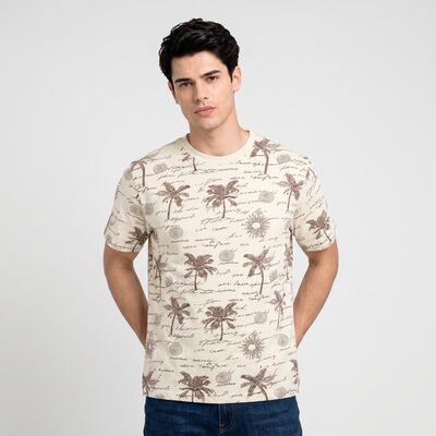 Men's Beige Round Neck Regular Printed T-Shirt