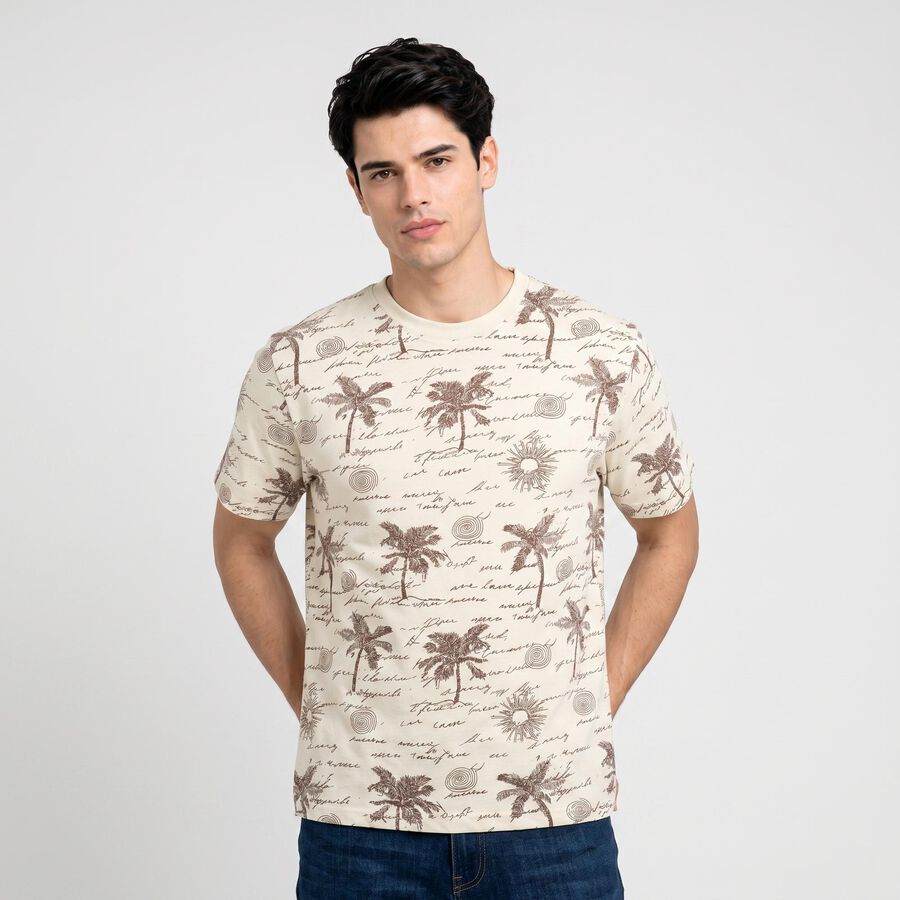 Men's Beige Round Neck Regular Printed T-Shirt, गहरा पीला, large