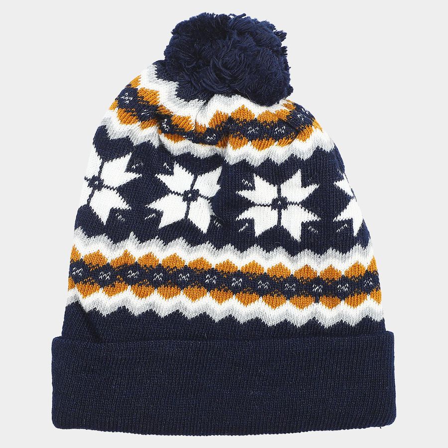 Boys Junior Navy Blue Snowflake Knit Beanie Cap, Navy Blue, large