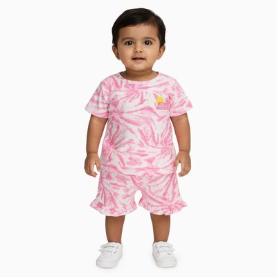 Infant Bright Pink Cotton Round Neck Casual Shorts Set