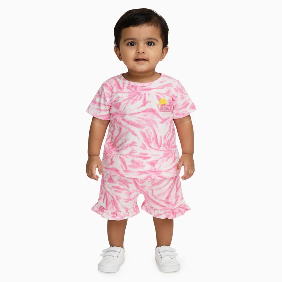 Infant Bright Pink Cotton Round Neck Casual Shorts Set, गुलाबी, large
