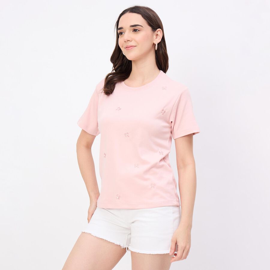 Women's Soft Rose Pink Round Neck Casual T-Shirt, Pink, large