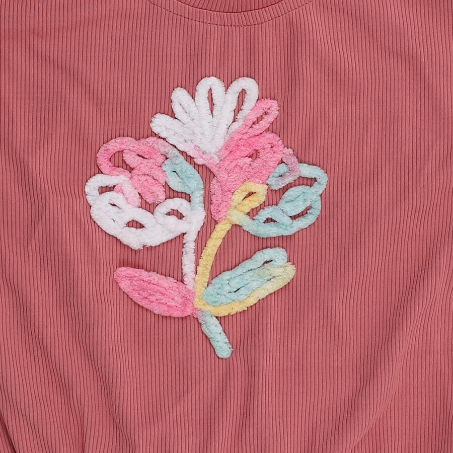 Girls' Dusty Rose Pink Round Neck Ruffle Sleeve Embroidered T-Shirt, गुलाबी, large