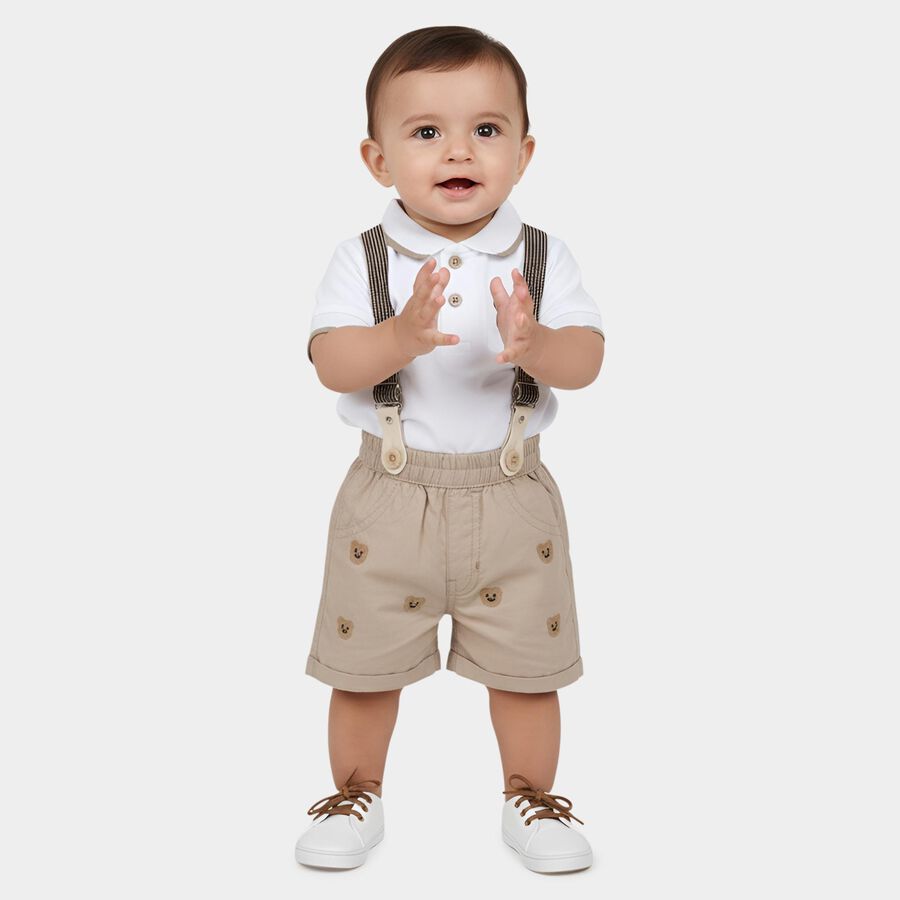 Infants' Beige Cotton Polo Neck Embroidered Baba Suit, गहरा पीला, large