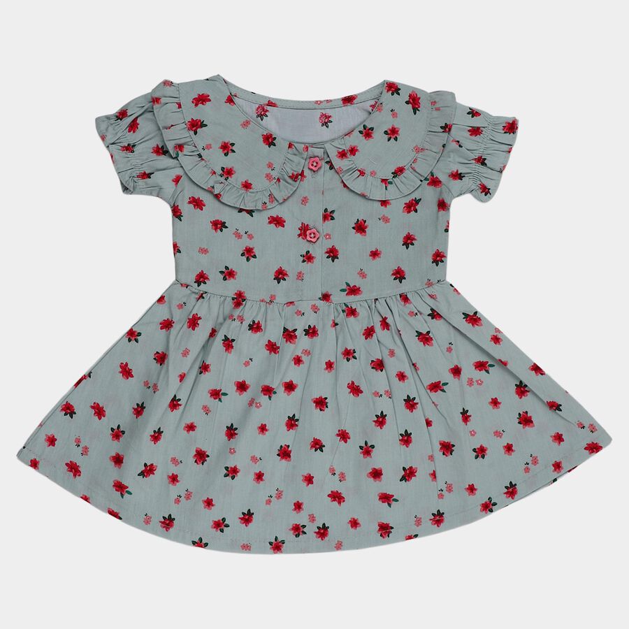Infants' Light Green Regular-fit Floral Printed Ruffle Collar Frock, Light Green, large