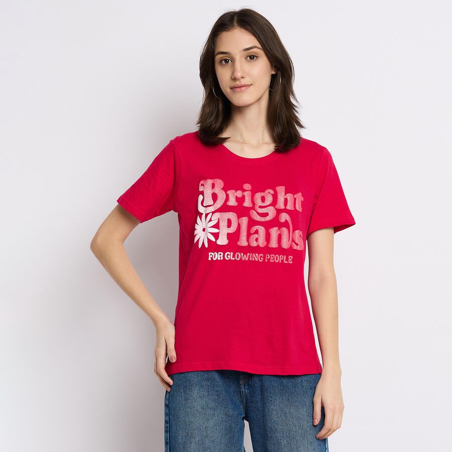 Ladies' 100% Cotton Round Neck T-Shirt , Fuchsia, large image number null