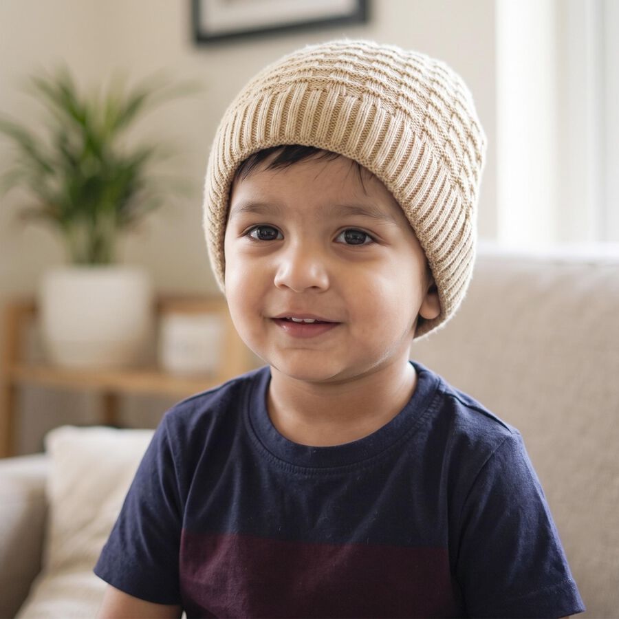 Boys' Beige Textured Knit Beanie Cap, Beige, large