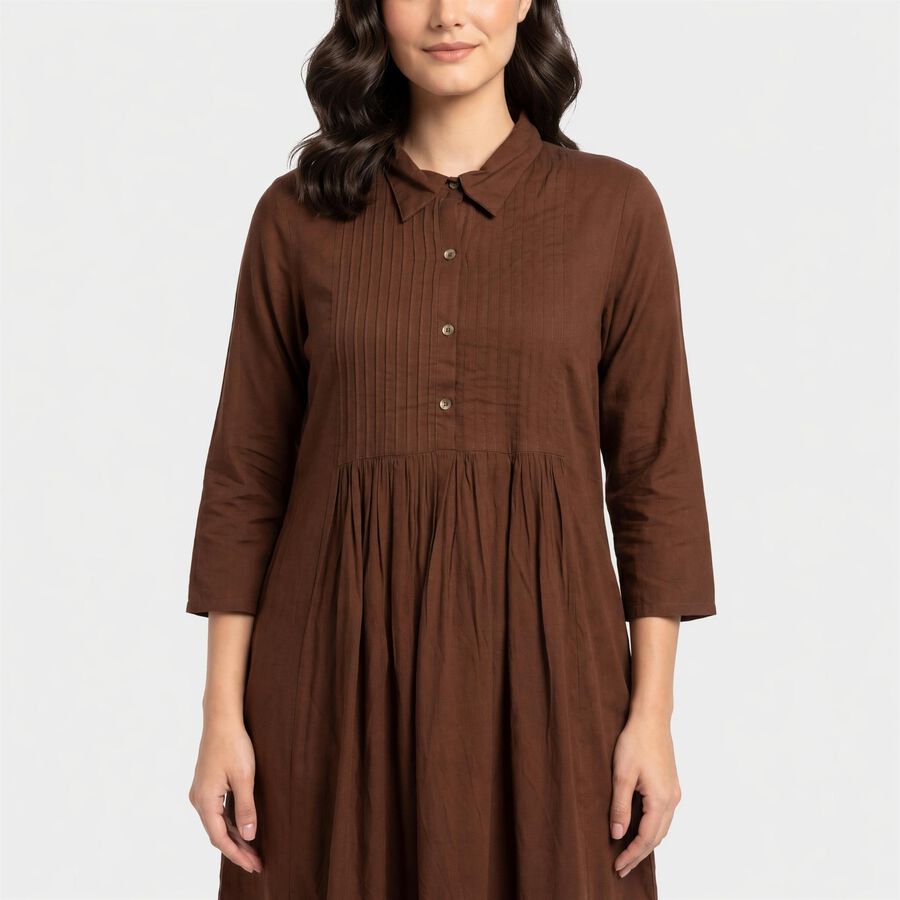 Women's Brown Shirt Collar Kurta, भूरा, large