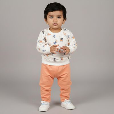 Infants White and Peach Printed Baba Suit