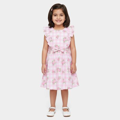 Girls' Pink Floral Printed Ruffled Sleeveless Frock