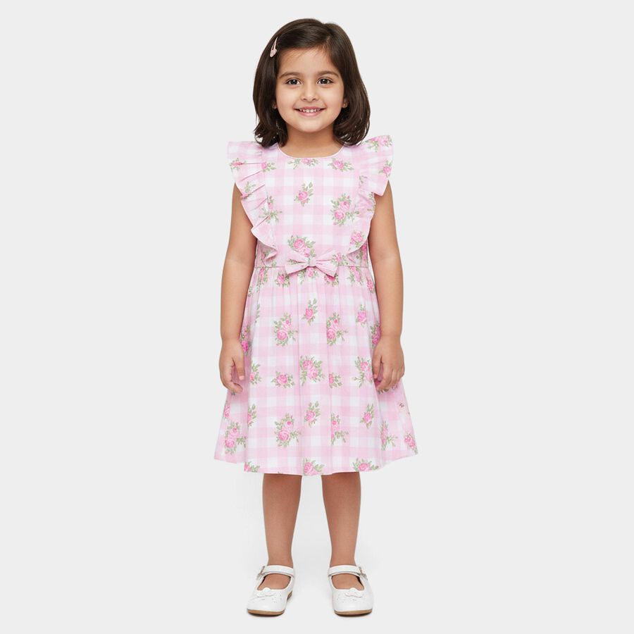 Girls' Pink Floral Printed Ruffled Sleeveless Frock, Light Pink, large