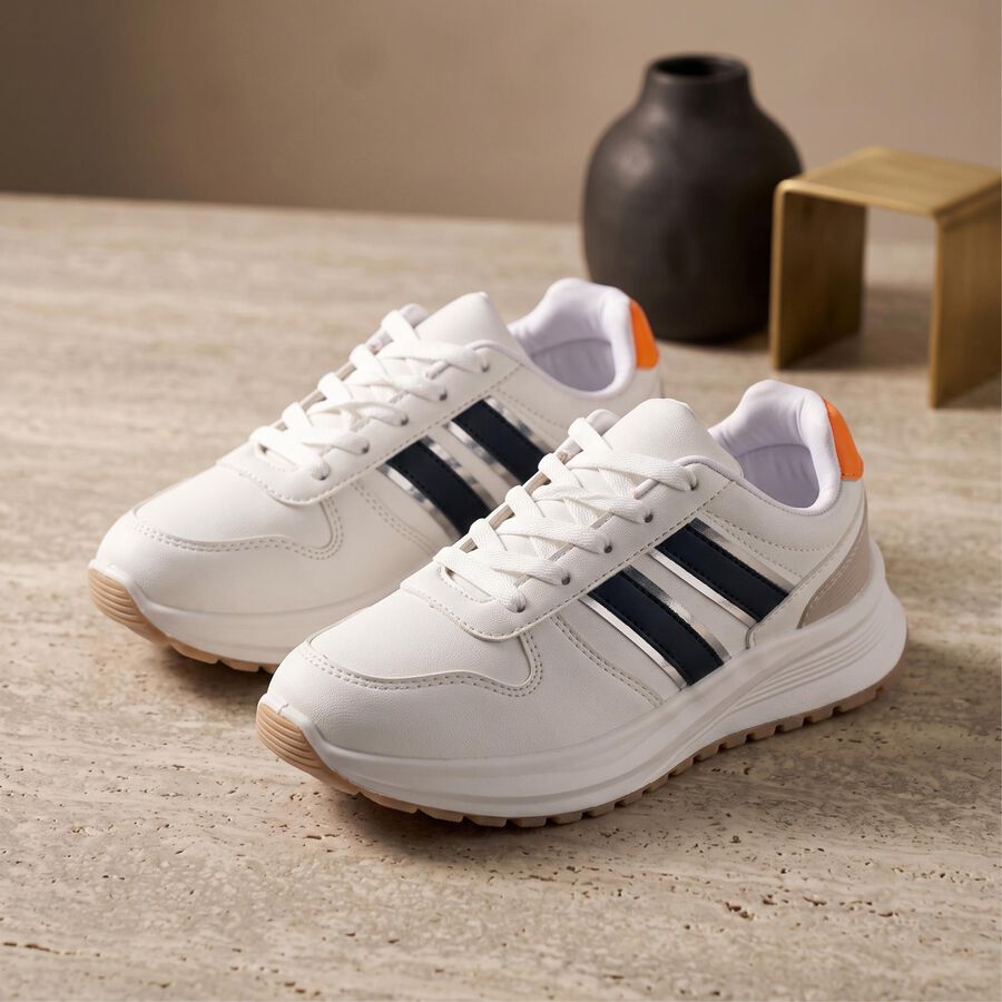 Women's White Lace-Up Low-Top Sneakers, सफ़ेद, large