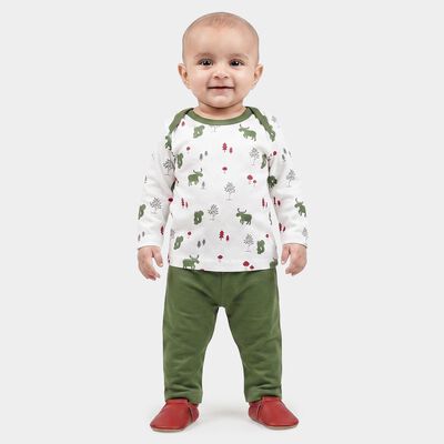 Infants' Olive Green 100% Cotton Round Neck Printed Baba Suit