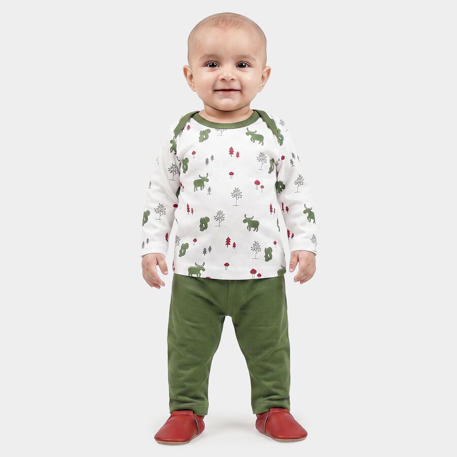 Infants' Olive Green 100% Cotton Round Neck Printed Baba Suit, Olive, large