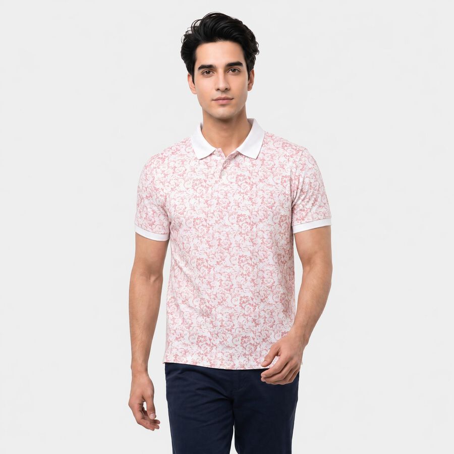 Men's Rust Cotton Polo Neck Floral Printed T-Shirt, Rust, large