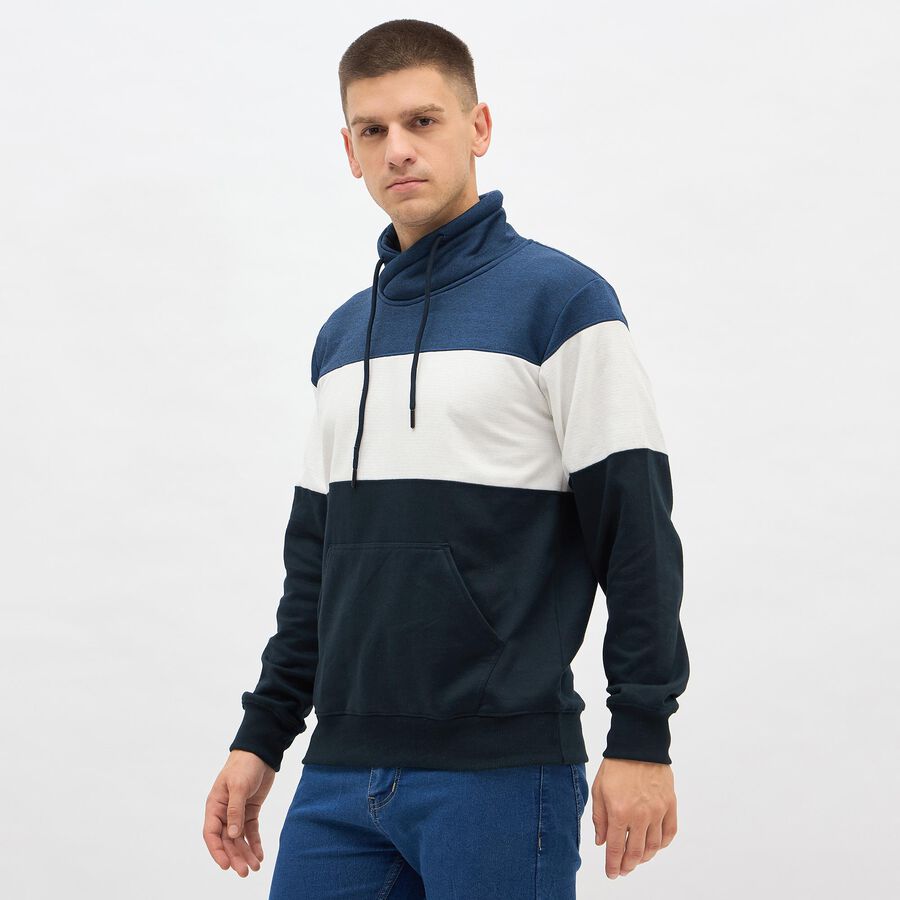 Men's Navy Blue and White High Neck Casual Sweatshirt, Light Blue, large image number null