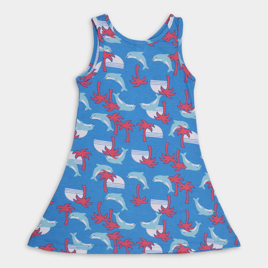 Girls' 100% Cotton Frock, मध्यम नीला, large