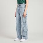 Women's Light Blue Relaxed Fit Cargo Jeans, हल्का नीला, small