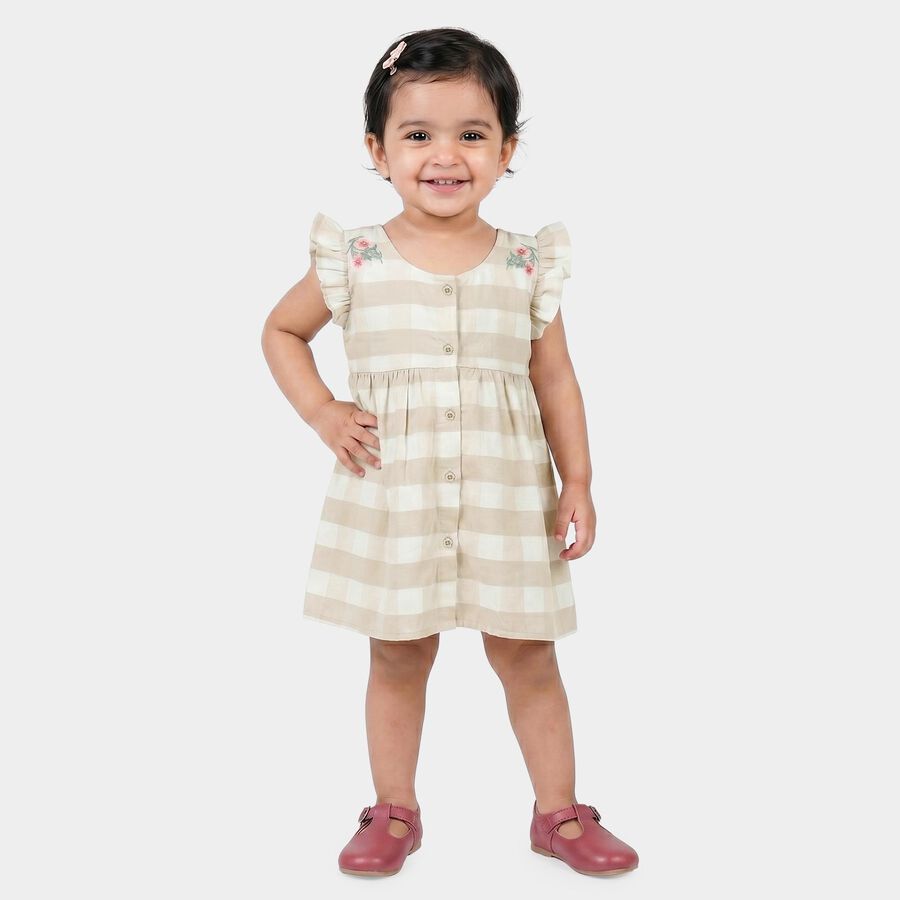 Infants' Beige Checked Embroidered Fit and Flare Frock, गहरा पीला, large