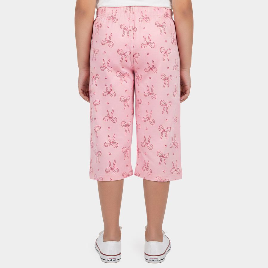 Girls Pink Wide Leg Printed Cotton Capri, गुलाबी, large