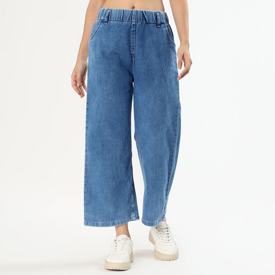 Women's Stonewashed Blue Wide-Leg Relaxed Fit Jeans, Mid Blue, large image number null