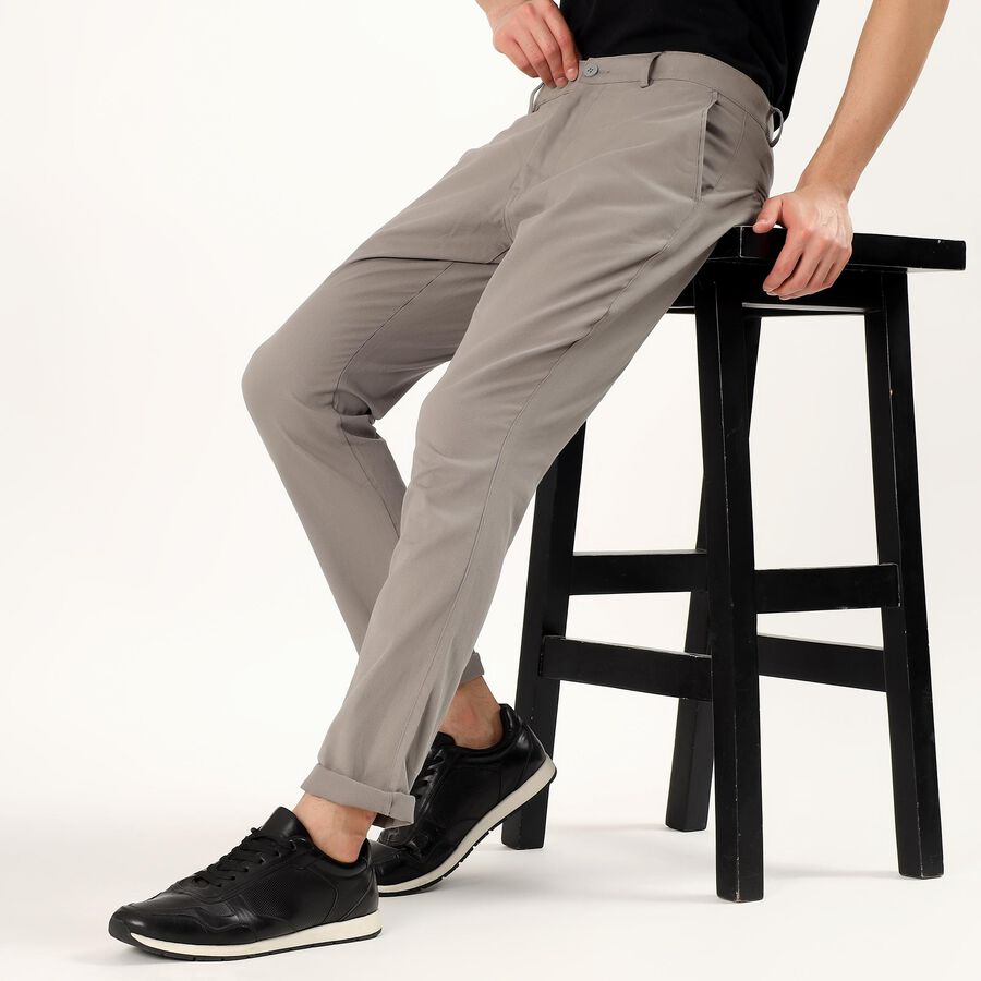 Men's Muted Grey Slim Fit Flat-Front Casual Trousers, Light Grey, large
