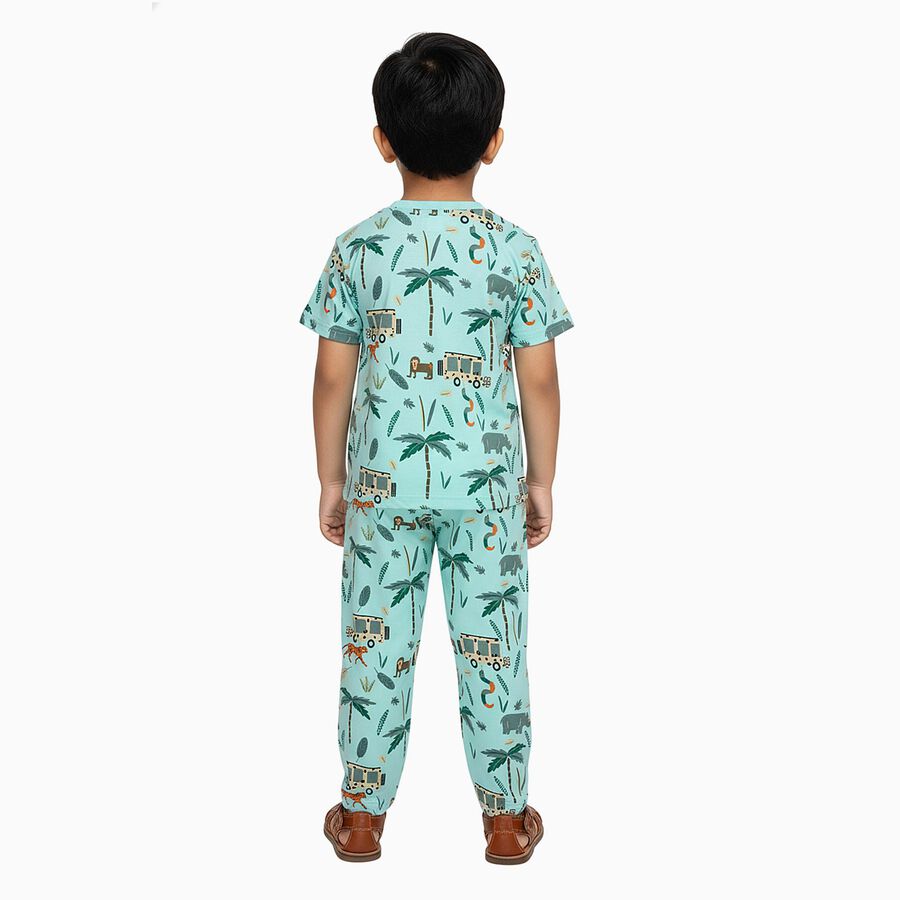 Boys Light Mint Green Cotton Round Neck Animal Print Night Suit, हल्का हरा, large image number null