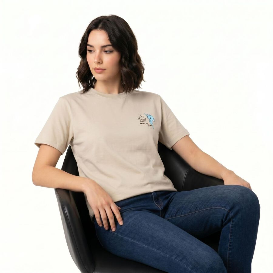 Women Beige Cotton Round Neck Regular T-Shirt, गहरा पीला, large