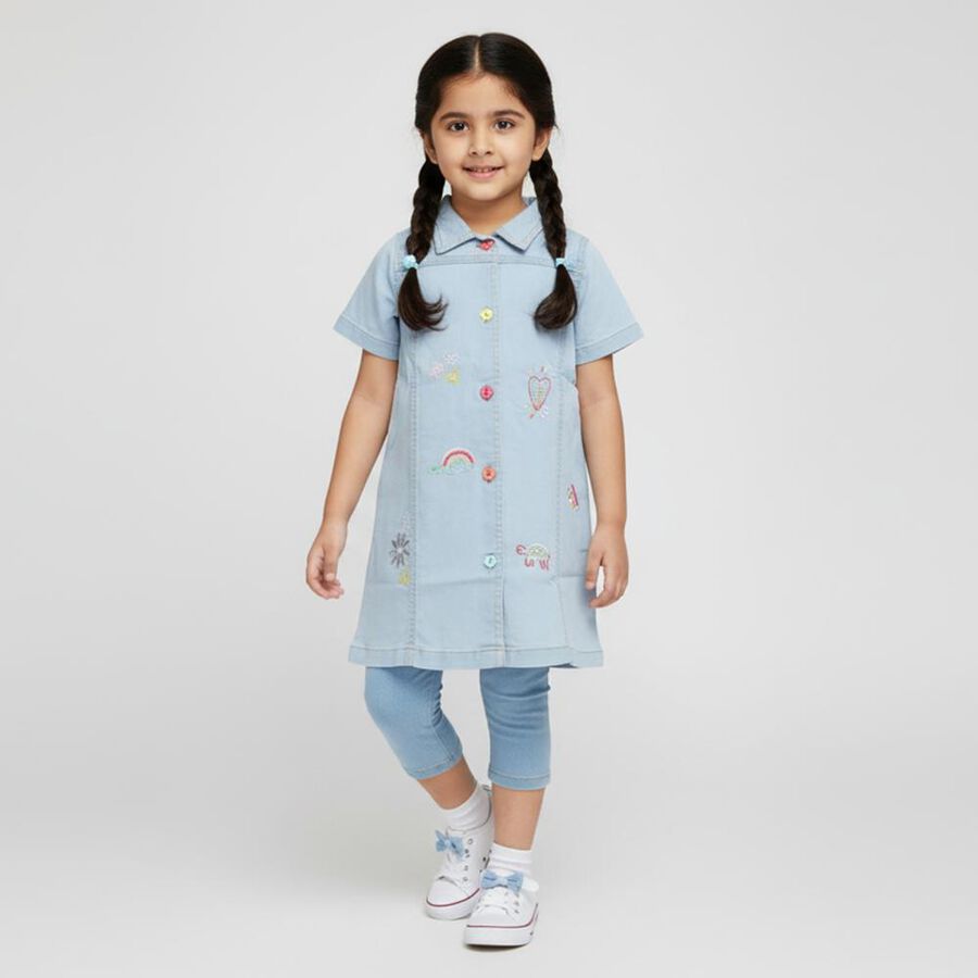 Girls' Light Sky Blue Embroidered Short Sleeve Denim Frock, Light Blue, large image number null