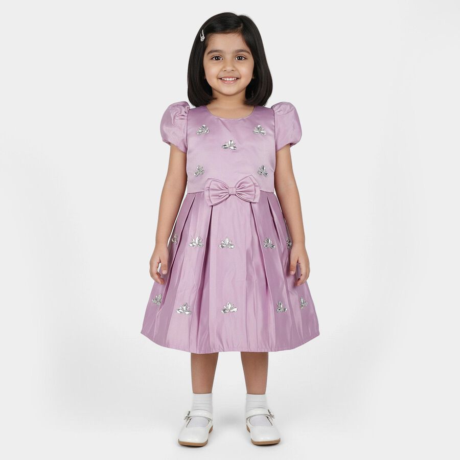 Girls' Lilac Puff Sleeve Embellished Party Frock, Lilac, large