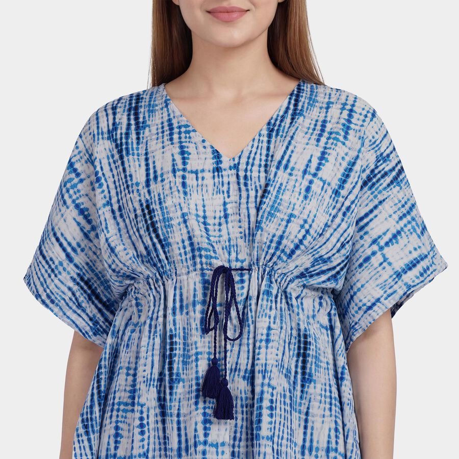 Women's Blue V-Neck Tie-Dye Kaftan Nighty, Light Blue, large