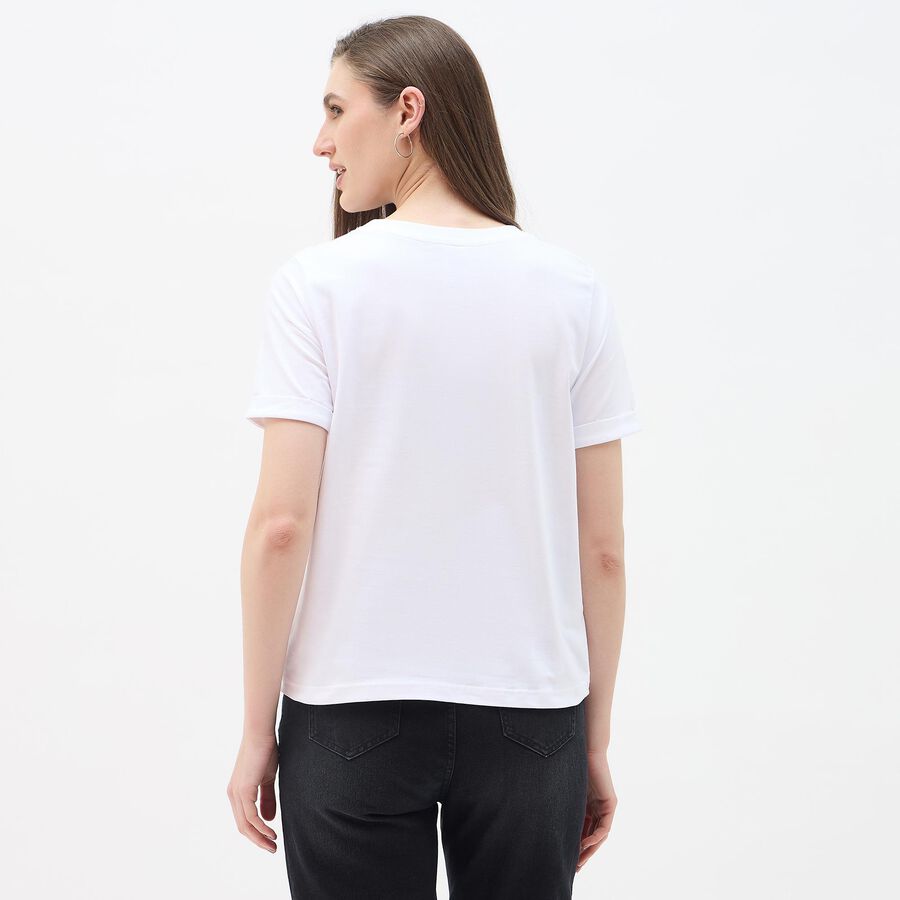 Women's White Round Neck Casual T-Shirt, सफ़ेद, large
