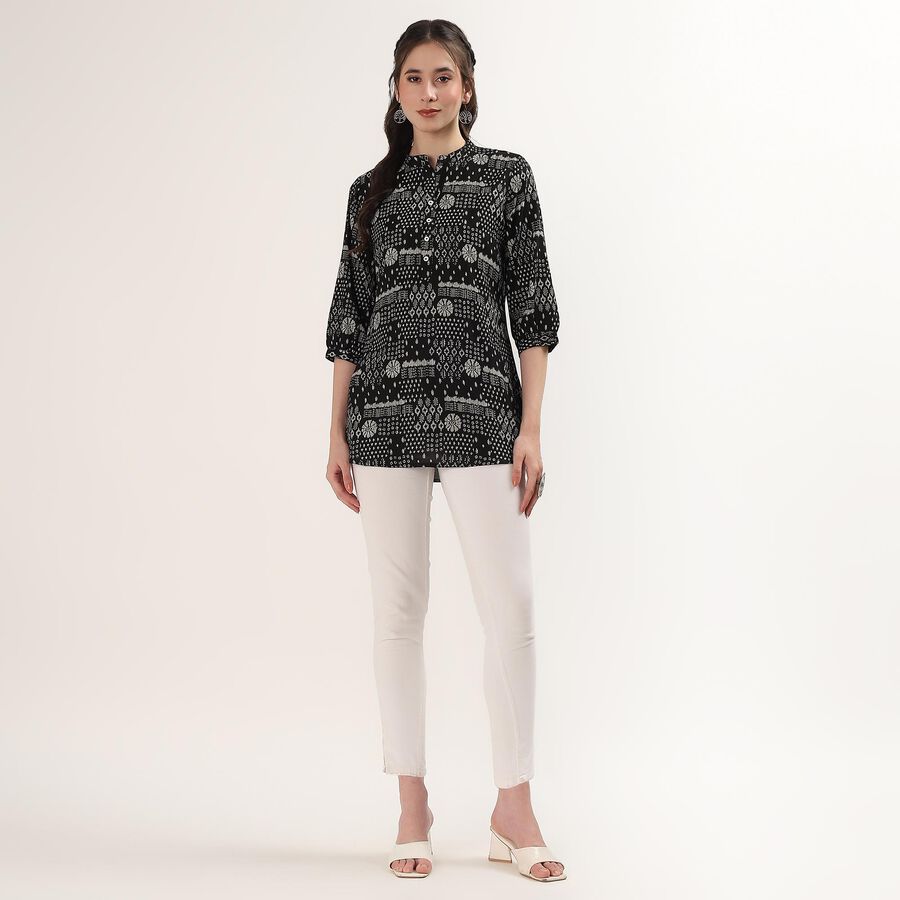 Women's Black Notch Neck Printed Straight Kurti, Black, large