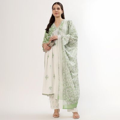 Women's Green Printed Ethnic Set