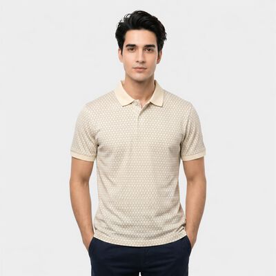 Men's Ecru Melange Cotton Polo Neck Geometric Polo T-Shirt