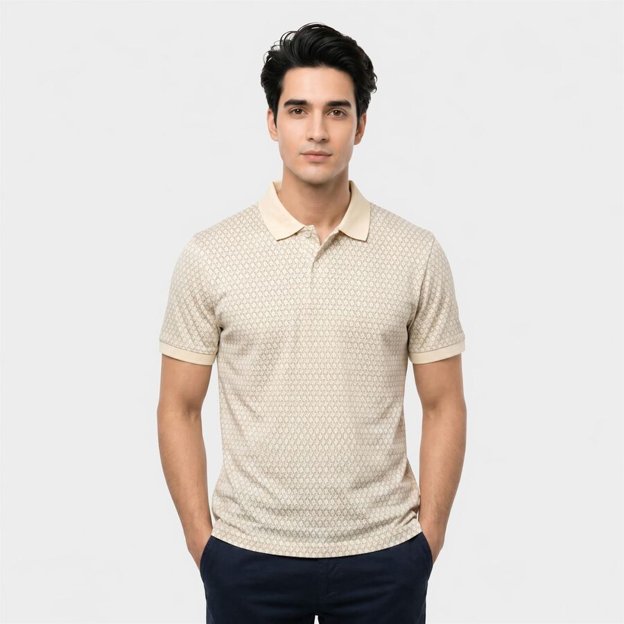 Men's Ecru Melange Cotton Polo Neck Geometric Polo T-Shirt, एक्रू मिश्रित, large