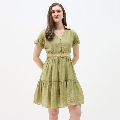 Women's Light Green Round Neck Classic Midi Dress