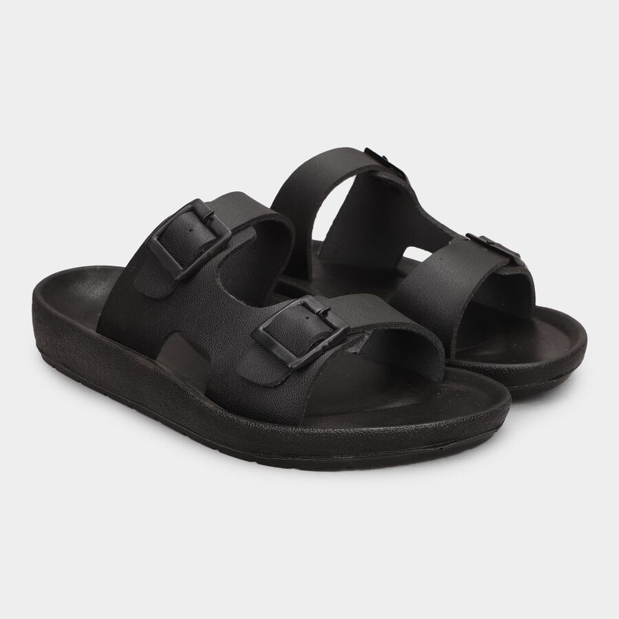 Men's Jet Black Buckle Strap Sandals, काला, large