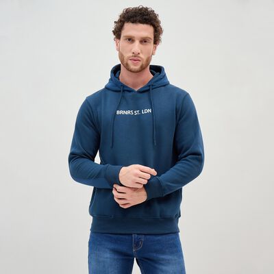 Men's Deep Steel Blue Hooded Neck Casual Sweatshirt