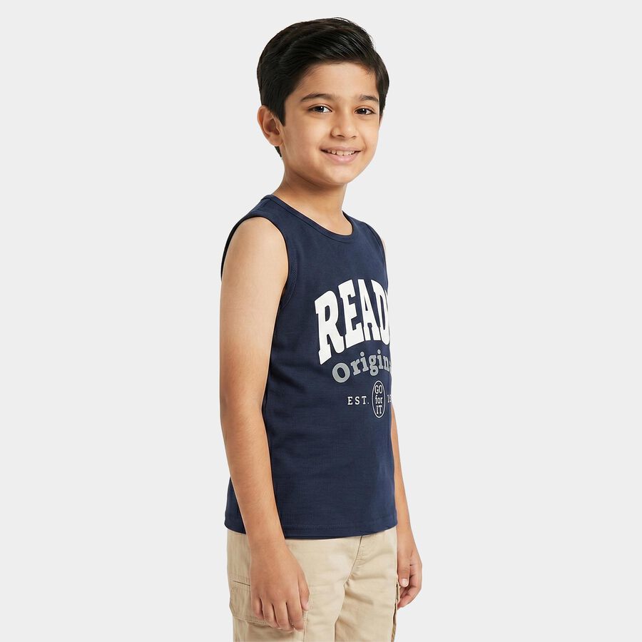 Boys Navy Blue Cotton Blend Round Neck Regular T-Shirt, नेवी ब्लू, large