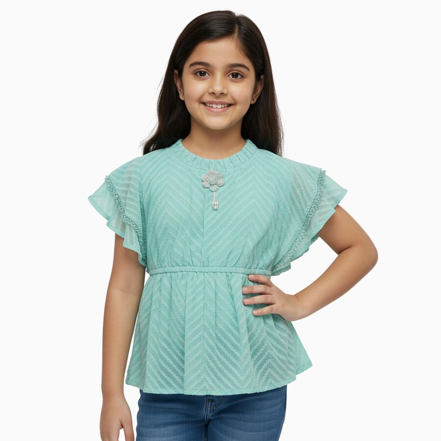 Girls Light Green Round Neck Casual T-Shirt, हल्का हरा, large