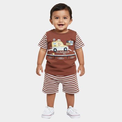 Infants' Brown 100% Cotton Round Neck Graphic Printed Baba Suit