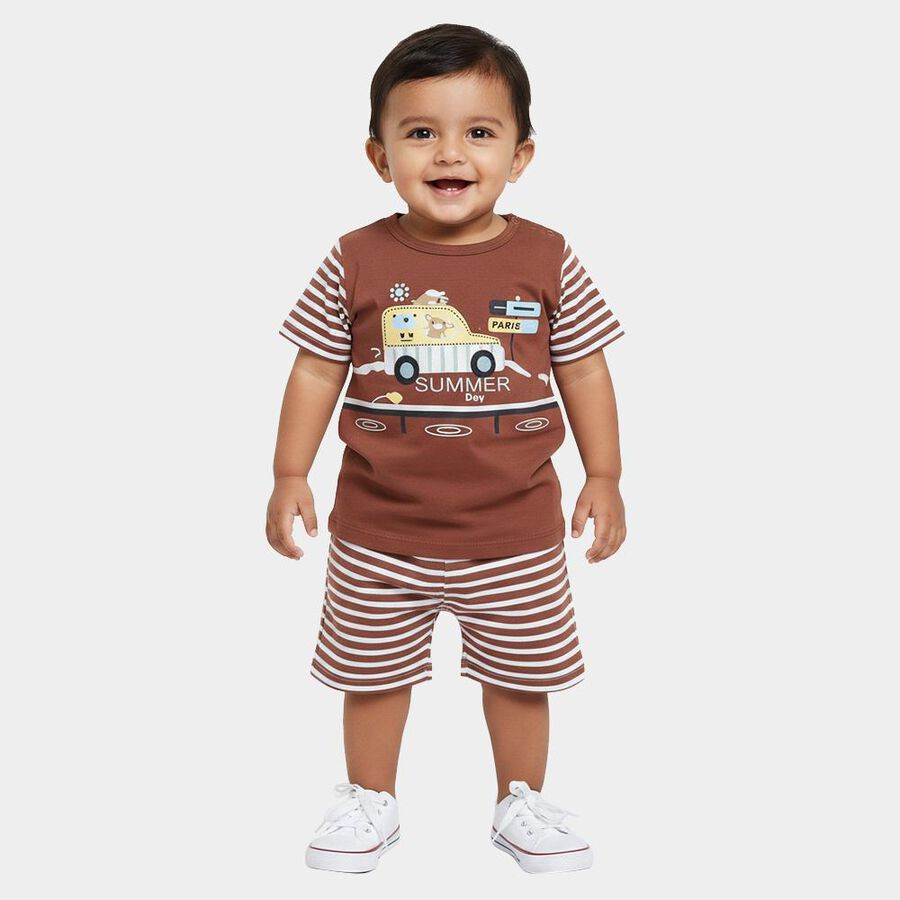 Infants' Brown 100% Cotton Round Neck Graphic Printed Baba Suit, Brown, large